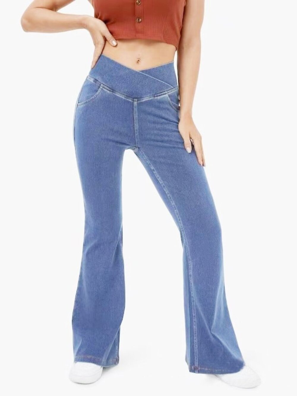 Women's Lake Blue Wide Leg Denim Jeans Mid Rise Stretch Casual Flared Pants